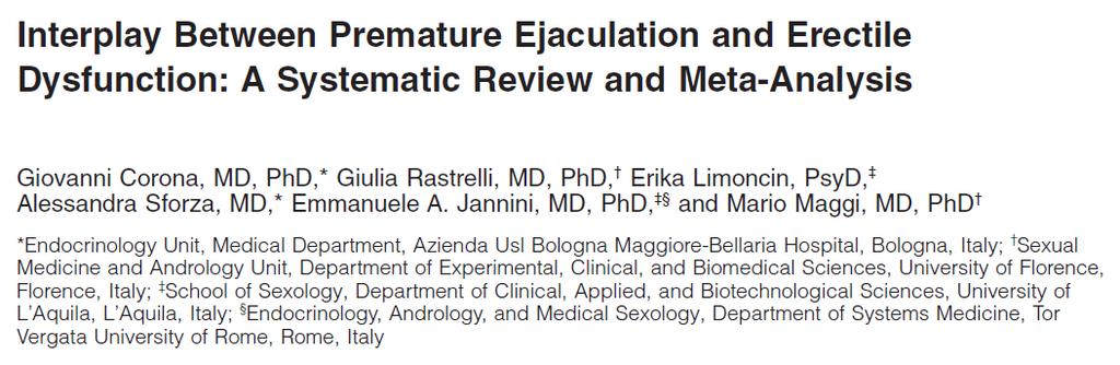 Aim To review and meta-analyze all available data regarding the relationship between PE and ED Search terms: premature ejaculation AND