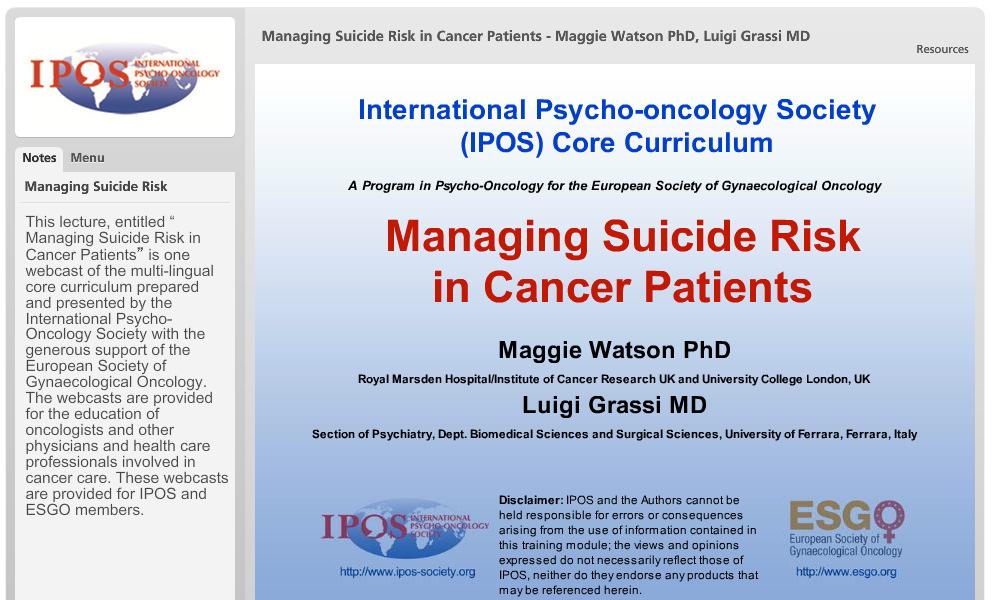 IPOS Online Curriculum A Program in Psycho-Oncology, developed by the International Psycho-Oncology Society and the European School of Oncology Depression and Depressive Disorders in Cancer Patients