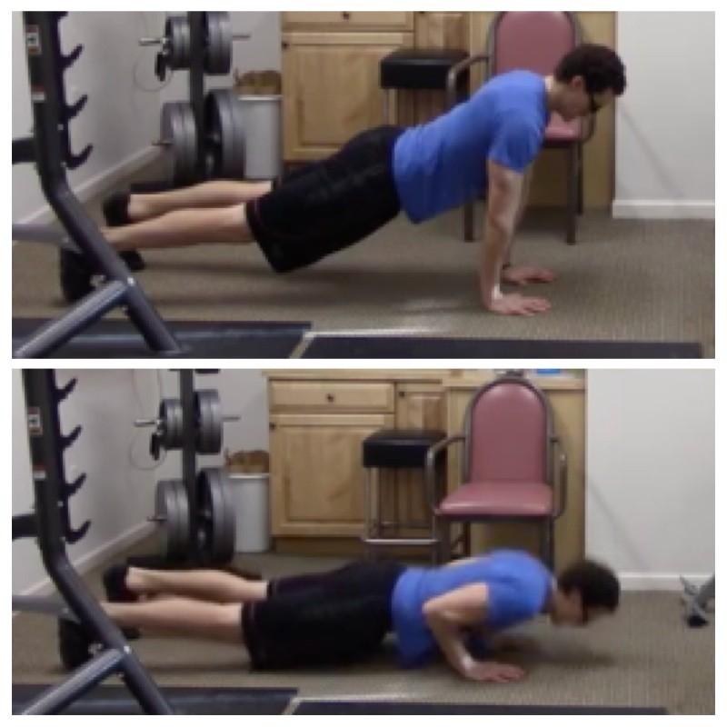Exercise Descriptions Close Grip Pushups 1. Get in a push-up position with your hands forming a diamond below your chest. Keep your core tight and your back straight. 2.