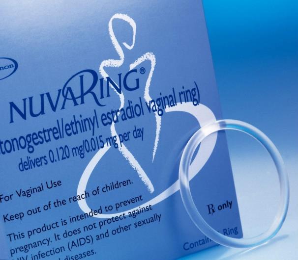 An example of vaginal ring is NuvaRing, containing estrogen and progestin, used as a