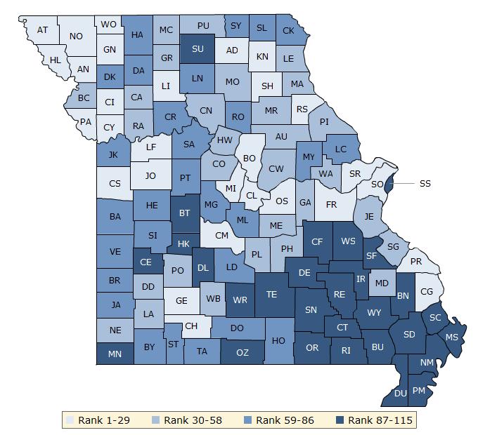 Missouri Health Factors Ranking Map, 2017 Chart 7.2- Source: County Health Rankings, 2017 Chronic Disease Risk Factors: Chronic Disease Risk factors are a significant concern in Pulaski County.