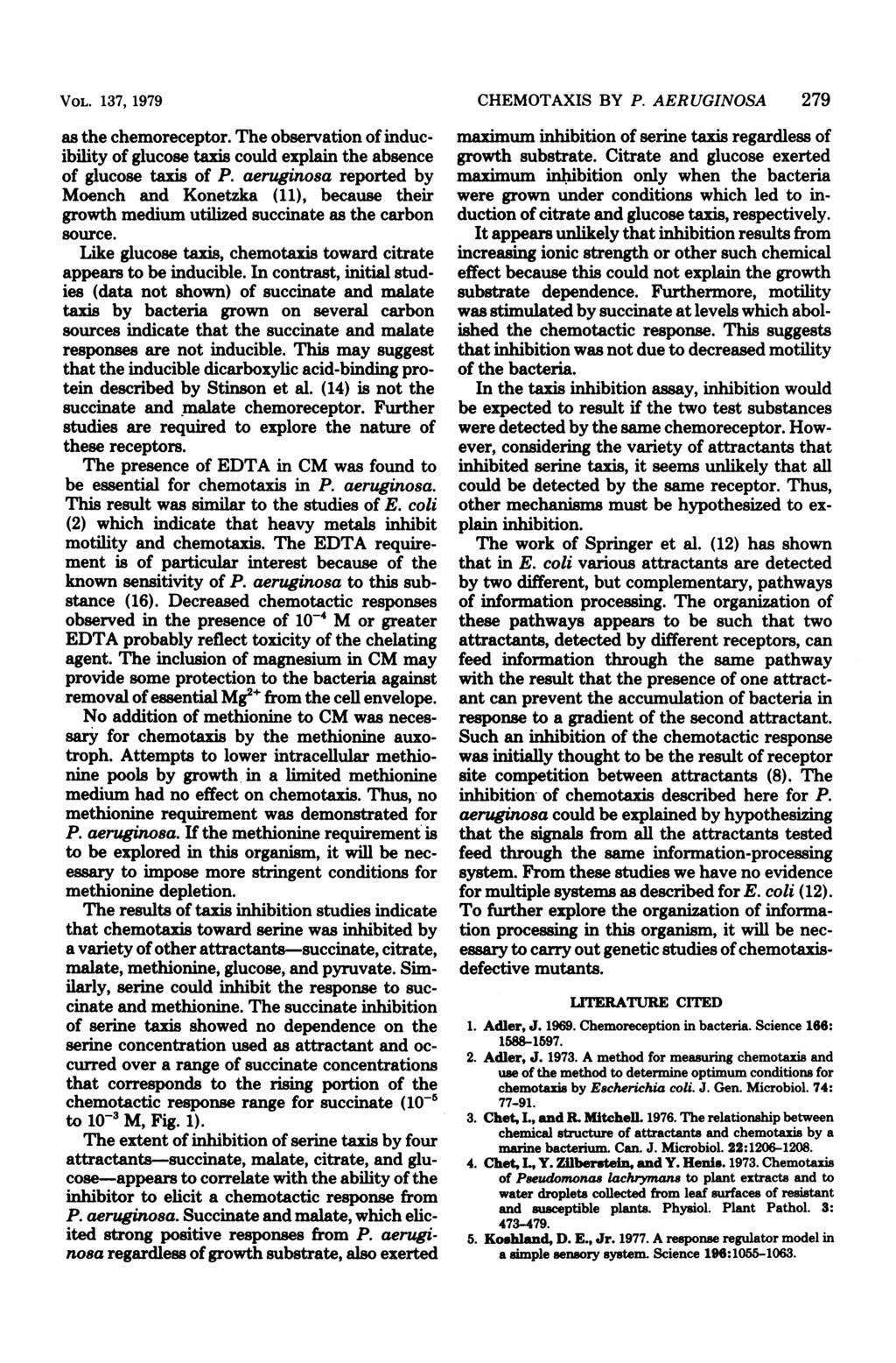 VOL. 137, 1979 as the chemoreceptor. The observation of inducibility of glucose taxis could explain the absence of glucose taxis of P.