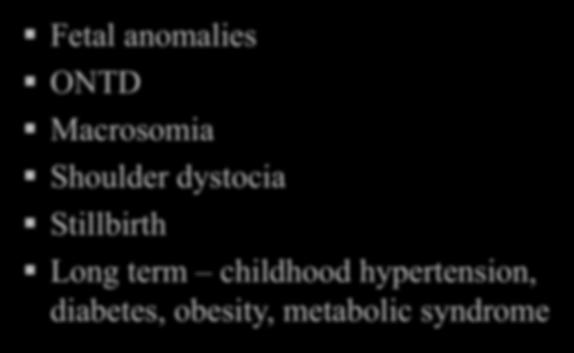 dystocia Stillbirth Long term childhood hypertension, diabetes, obesity,