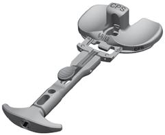 While holding the CPS TASP top and bottom together with one hand, lock the CPS TASP top and bottom together by inserting the appropriate 10mm shim with the Tibial Sizing Plate Handle (Fig. 6b).