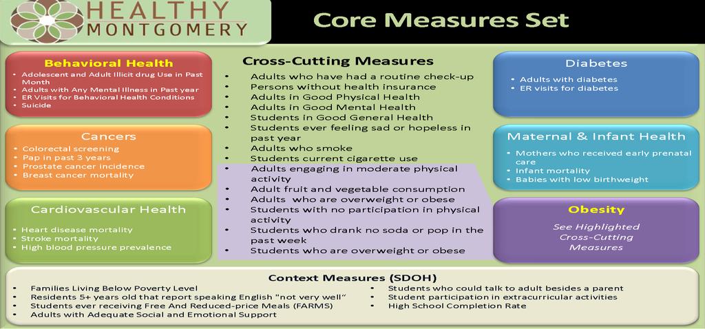 19 P a g e (DHHS), key core measures were analyzed and processed for all six Montgomery County hospitals community benefit service areas, including Suburban Hospital.