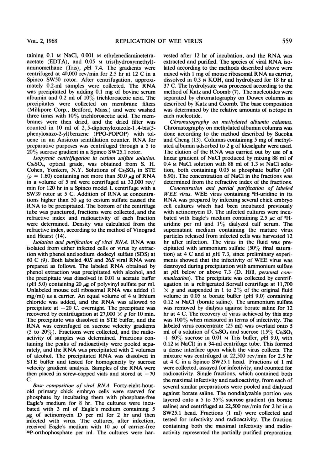 VOL. 2, 1968 REPLICATION OF WEE VIRUS 559 taining.1 M NaCI,.1 M ethylenediaminetetraacetate (EDTA), and.5 M tris(hydroxymethyl)- aminomethane (Tris), ph 7.4.