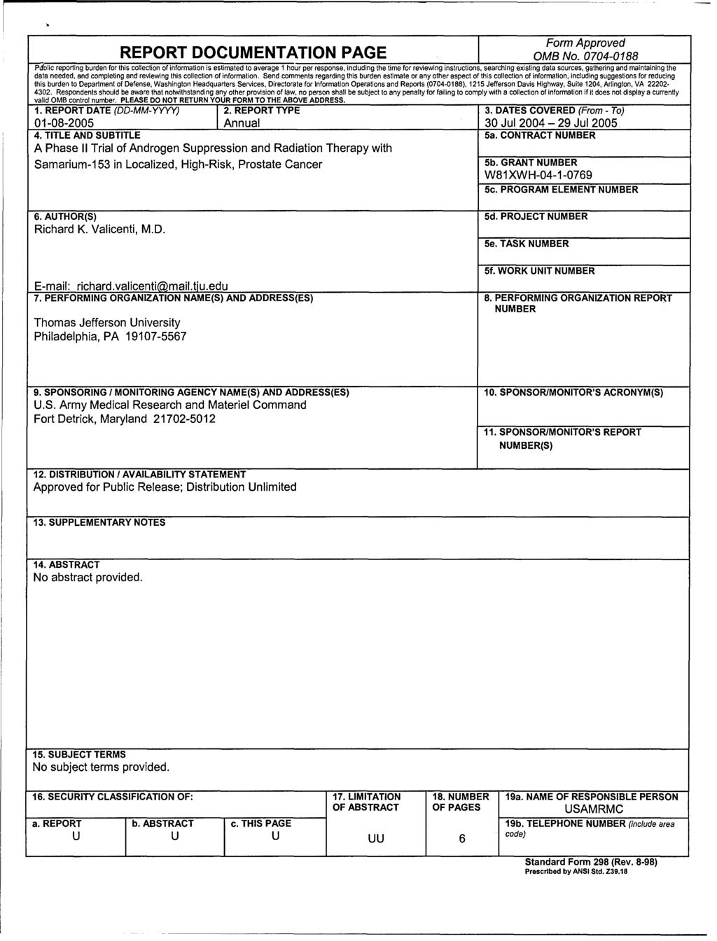 Form Approved REPORT DOCUMENTATION PAGE OMB No.
