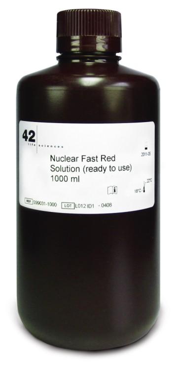 Specimens counterstained with Nuclear Fast Red Solution should be dehydrated and mounted with a xylenebased mounting media. This counterstain is not compatible with aqueous mounting media.