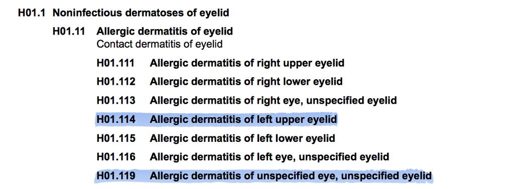 CASE 15: Dermatitis -9 373.32 99213 or 92012 / Allergic Dermatitis of upper eyelids, Right & left (H01.111, H01.114) = $60.00 or $75.