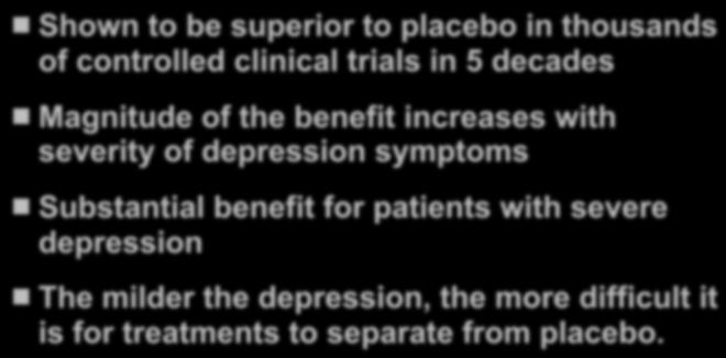 Shown to be superior to placebo in thousands of controlled clinical trials in 5 decades Magnitude of the benefit increases with severity of