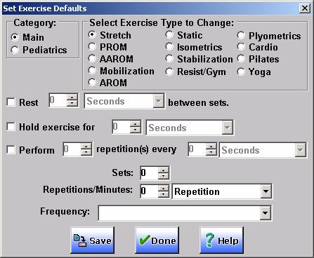 Figure 31 - Set Exercise Defaults dialog box 2. Under Category, select Main if you are changing adult exercises settings, or select Pediatric if you are changing the pediatric exercise settings. 3. Select the exercise type you want to change.