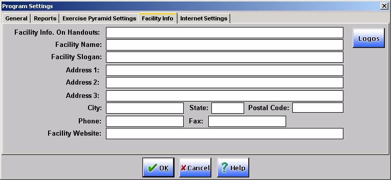 Entering Default Faculty Information Use the Facility Info tab on the Program Settings dialog box as shown in Figure 39 to enter your facility information, which appears on all forms, topic handouts,