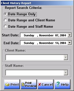 Figure 42 - Client History Report dialog box 2. Select the report criteria: Date Range Only Includes all exercises for all clients from the selected date range.