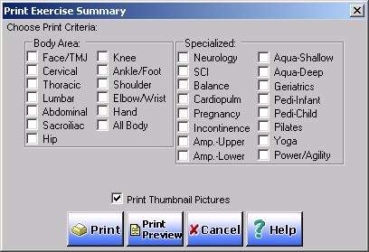 Figure 44 - Print Exercise Summary dialog box 2. Under Body Area, place checkmarks in the checkboxes next to the areas of the body you want to include in the report. 3.