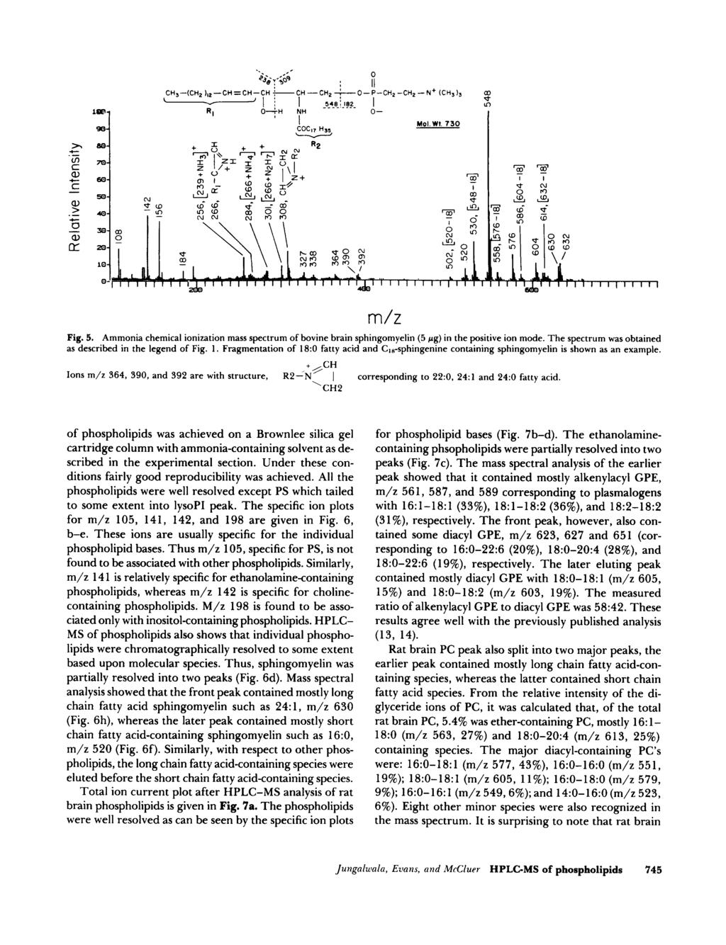 + p 0- I m/z Fig. 5. Ammonia chemical ionization mass spectrum of bovine brain sphingomyelin (5 pg) in the positive ion mode. The spectrum was obtained as described in the legend of Fig. 1.