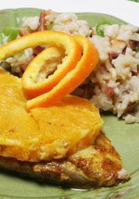 Tilapia with Curry and Orange Rice Makes 4 servings. Per serving: 375 calories, 12 g total fat (<1 g saturated fat), 39 g carbohydrate, 29 g protein, 3 g dietary fiber, 514 mg sodium.