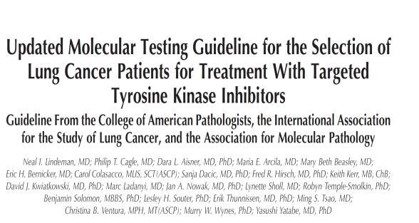 Arch Pathol Lab Med 2018;142:321-346 Strong Recommendation Physicians must use EGFR, ALK and ROS1 molecular testing to select lung adenocarcinoma patients for EGFR,
