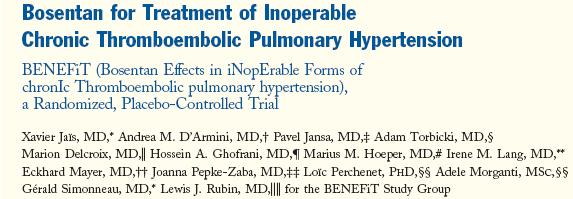 J Am Coll Cardiol 2008;52:2127-34 Inclusion criteria: Symptomatic PH in WHO FC II to IV due to CTEPH - V/Q lung scan and