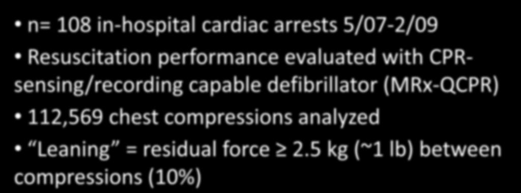 n= 108 in-hospital cardiac arrests 5/07-2/09 Resuscitation performance evaluated with CPRsensing/recording capable defibrillator (MRx-QCPR) 112,569