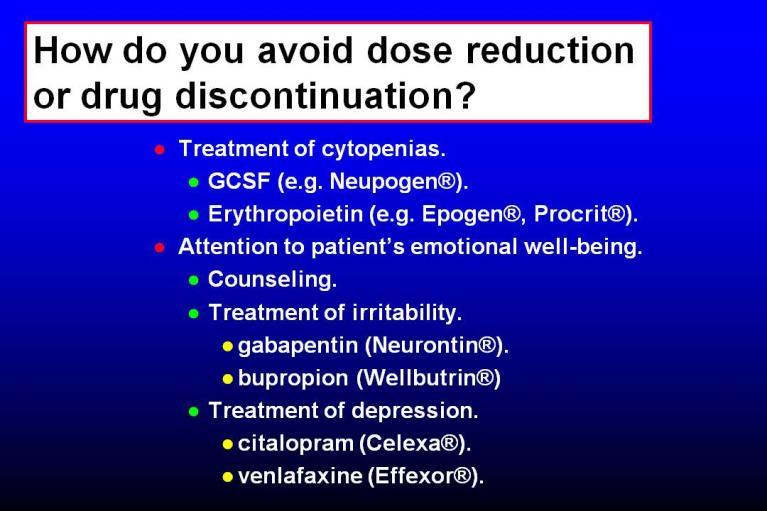 How do you avoid dose reduction or drug discontinuation? Drink lots of fluids. Small frequent meals.