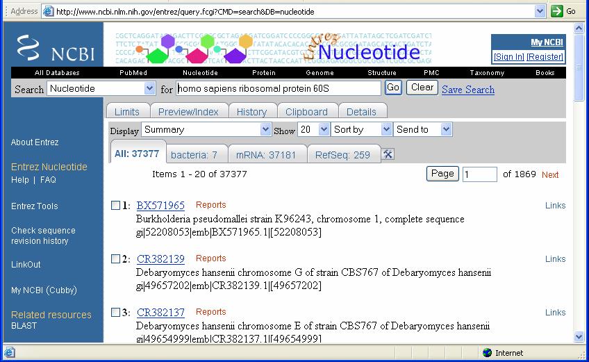 5. This will retrieve all the nucleotide database entries that include the words. Note that almost forty thousand database entries are retrieved.