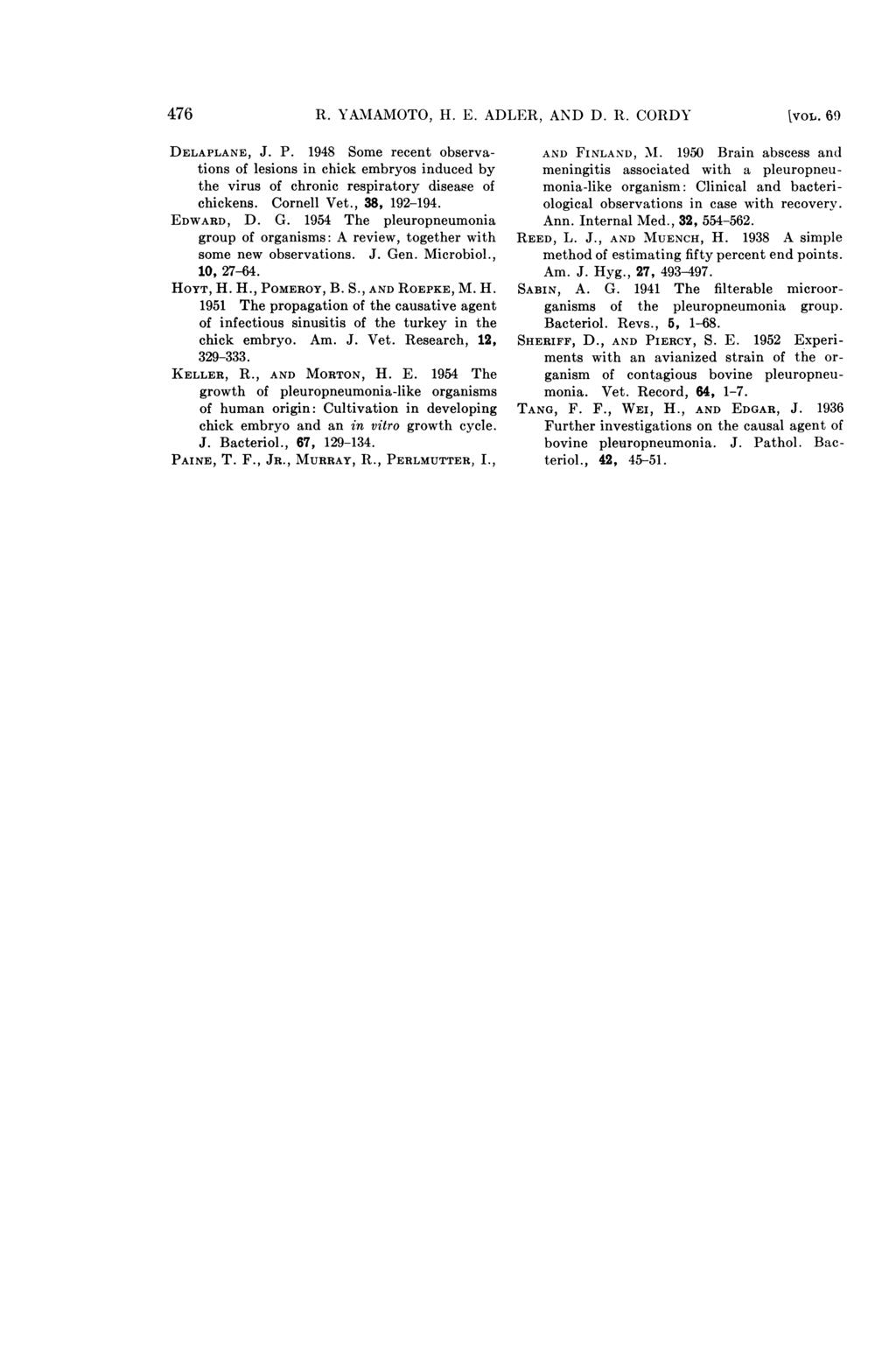476 R. YAMAMOTO, H. E. ADLER, AND D. R. CORDY tvol. 69 DELAPLANE, J. P. 1948 Some recent observations of lesions in chick embryos induced by the virus of chronic respiratory disease of chickens.