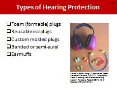 Types of Hearing Protection If you have examples of hearing protection, hold them up as you mention each one.