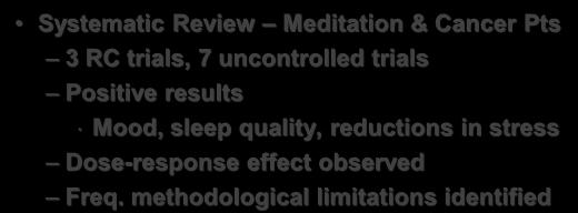 Meditation and Stress Management Systematic Review Meditation & Cancer Pts 3 RC trials, 7