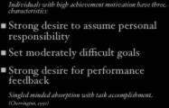 David McClelland Need for Achievement Theory Individuals with high achievement motivation have three characteristics: Strong desire to assume personal responsibility Set moderately difficult goals