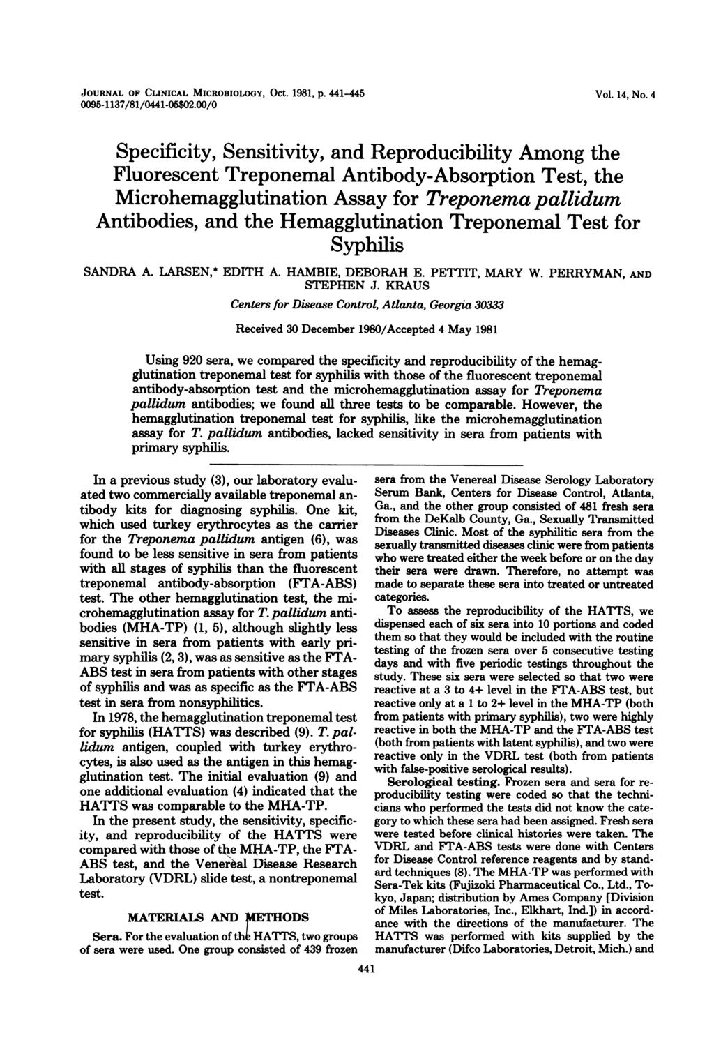 JOURNAL OF CLINICAL MICROBIOLOGY, Oct. 1981, p. 441-445 0095-1137/81/0441-05$02.00/0 Vol. 14, No.