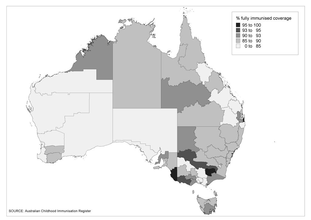Vaccination coverage for all childhood vaccines provided at 12 months of age varies around the country, with generally higher coverage in northern and eastern regions (see Figure 12).