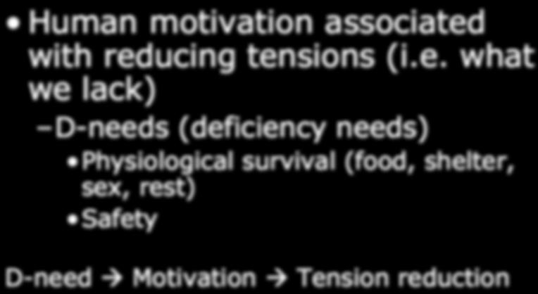 lack) D-needs (deficiency needs) Physiological survival (food, shelter, sex, rest) Safety