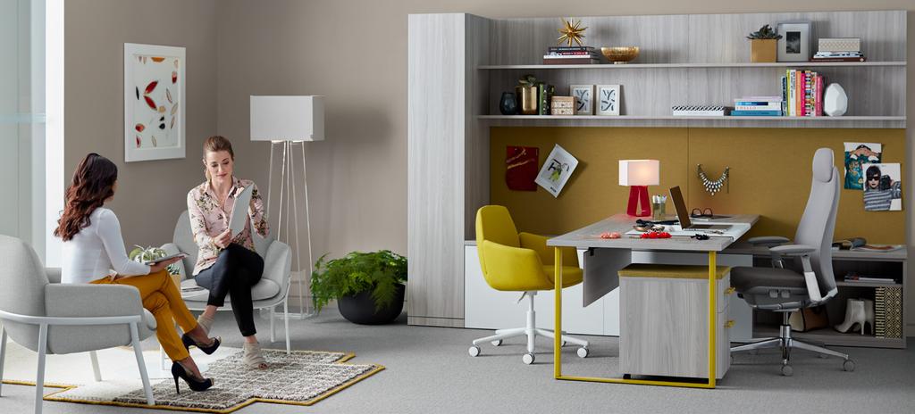 Poppy places: Private office Private offices become more versatile and comfortable with the addition of a cozy conversation nook.