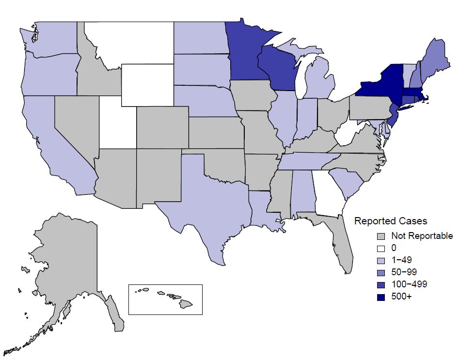 Clinical Babesiosis Cases by State* Notifiable disease since of 2011. Cases observed in 26 states 2013 22 states,1,792 cases 98.