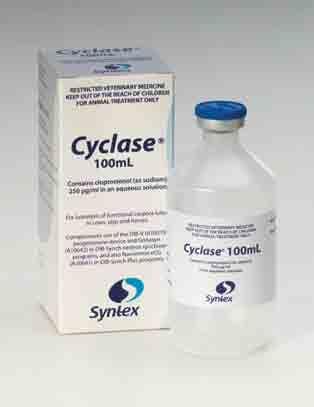 Cyclase 2mL dose surety Injectable solution containing cloprostenol (as sodium) 250 µg/ml Cyclase is a synthetic analogue of prostaglandin F2a Cyclase is indicated for the luteolysis of functional