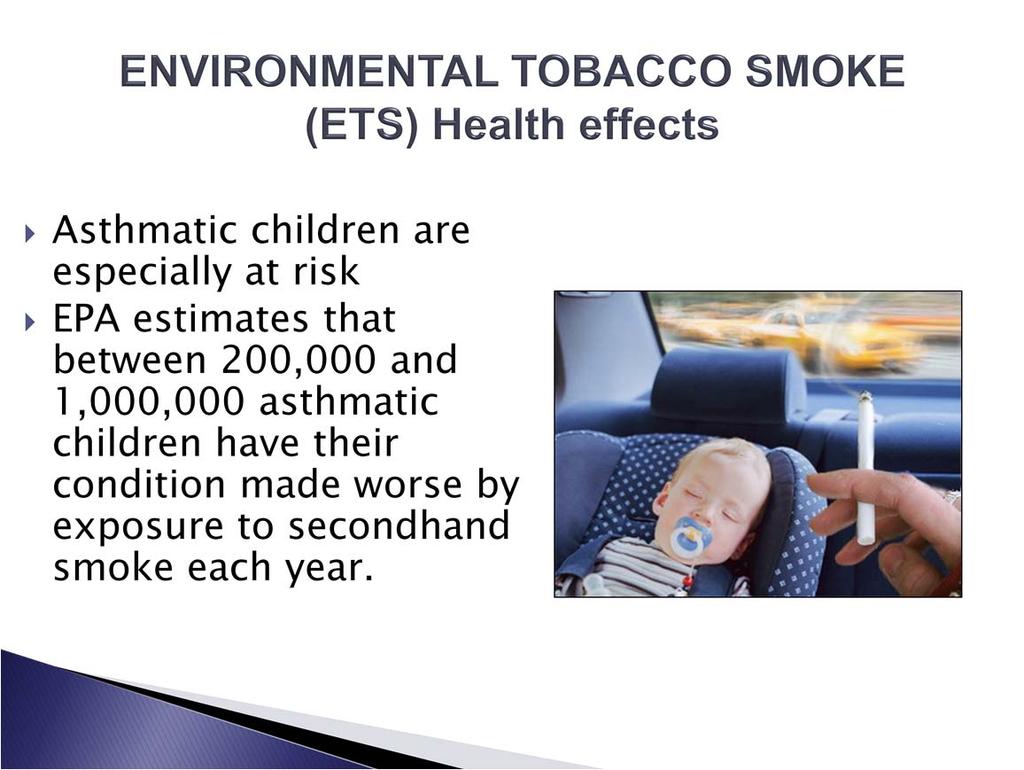 Infants and young children whose parents smoke in their presence are at increased risk of lower respiratory tract infections (pneumonia and bronchitis) and are more likely to have symptoms of