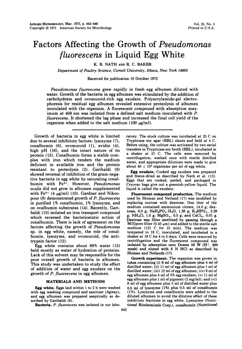 APPLIED MICROBIOLOGY, Mar. 1973, p. 442-446 Copyright 0 1973 American Society for Microbiology Vol. 25, No. 3 Printed in U.S.A. Factors Affecting the Growth of Pseudomonas fluorescens in Liquid Egg White K.