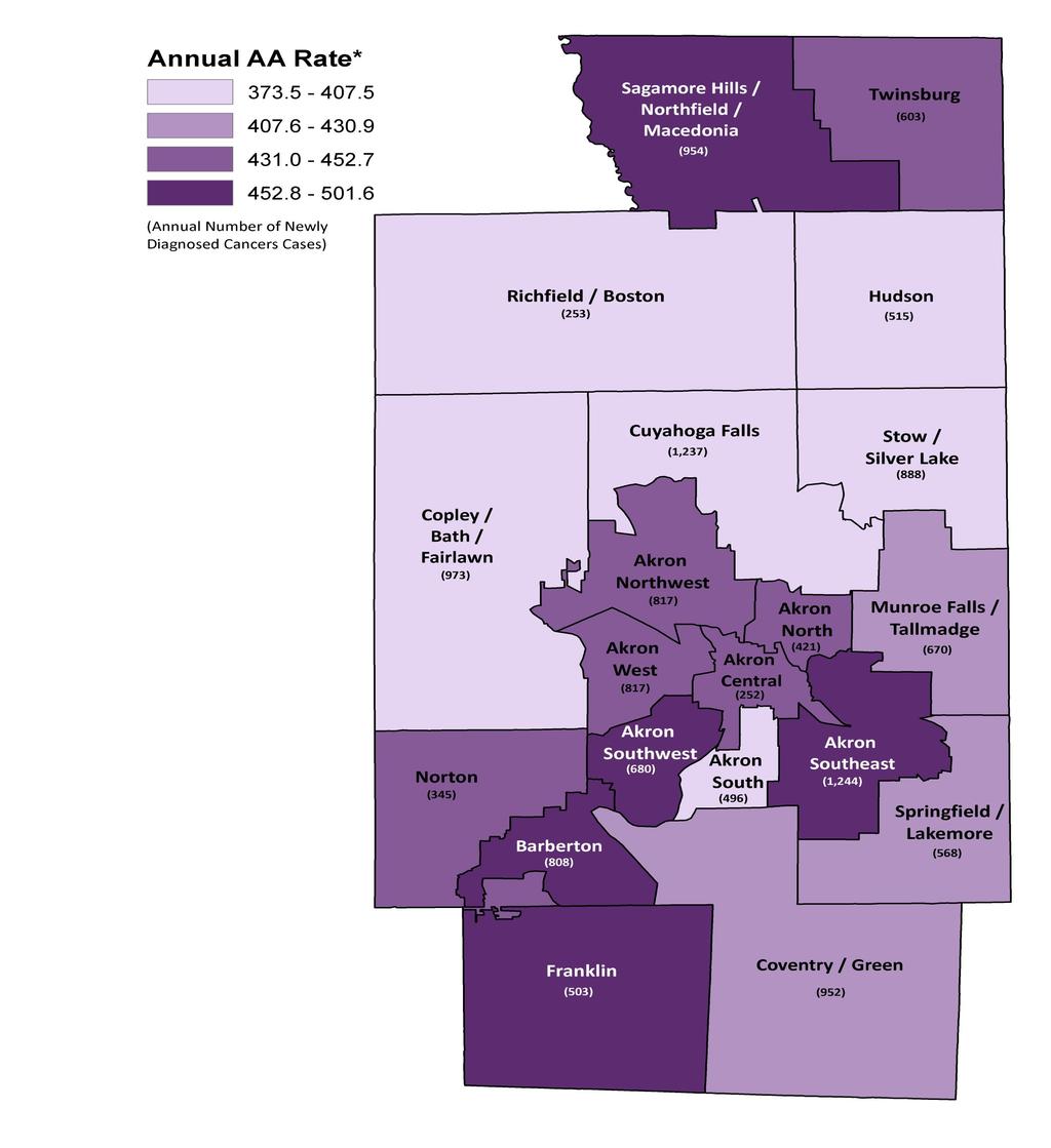 ALL CANCERS COMBINED Figure 7 Average Annual Age-Adjusted Incidence Rate per 100,000 and Number of New Cases for All Invasive Cancers by Summit County Geographical Cluster, 2007-2011 1 Average Annual