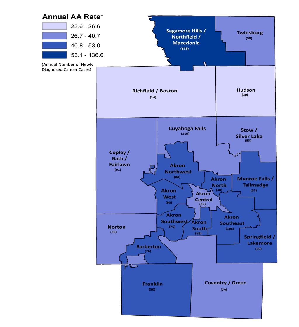 COLORECTAL CANCER Figure 16 Average Annual Age-Adjusted Incidence Rate per 100,000 and Number of New Cases for Colorectal Cancer by Summit County Geographical Cluster, 2007-2011 1 Average Annual Age