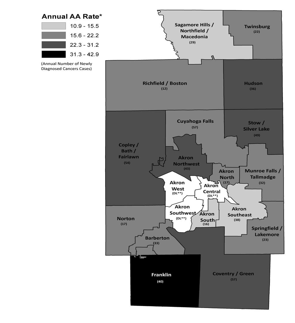 MELANOMA OF THE SKIN Figure 22 Average Annual Age-Adjusted Incidence Rate per 100,000 and Number of New Cases for Melanoma by Summit County Geographical Cluster, 2007-2011 1 Average Annual Age