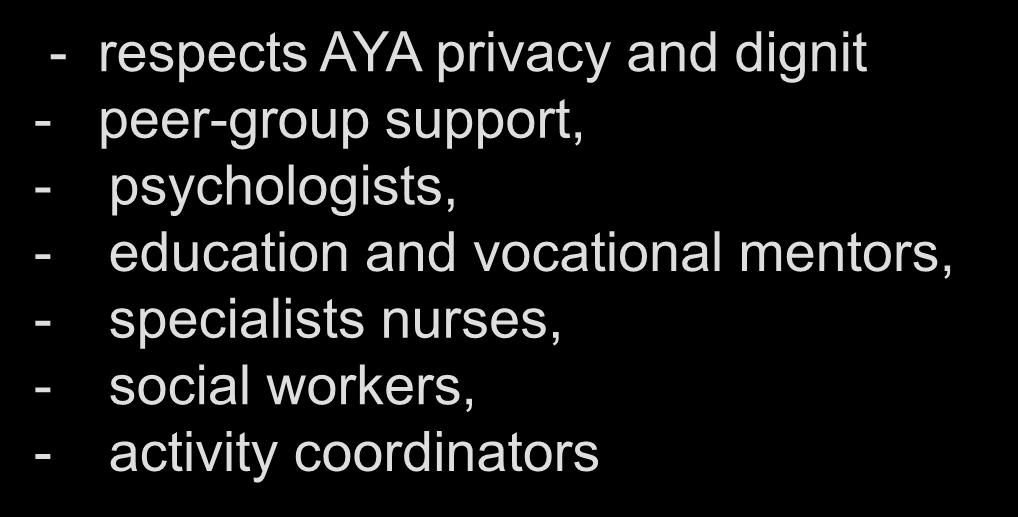 Need for a specific environment providing - respects AYA privacy and dignit - peer-group support, - psychologists, - education and vocational mentors, -