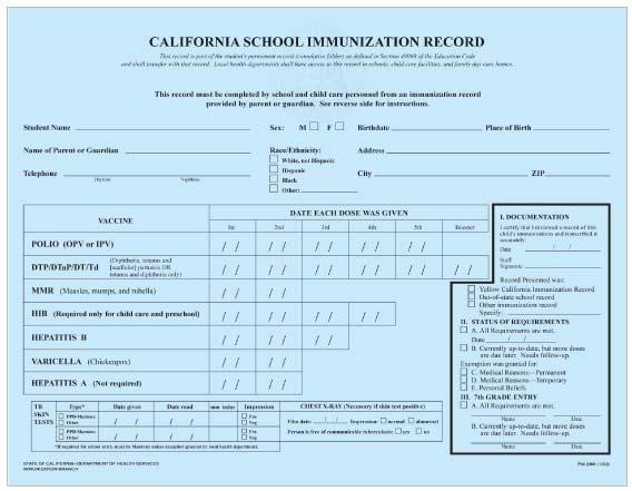 CA School Immunization Record aka Blue Card (PM 286) In