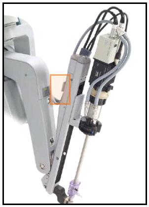 CHAPTER 1 OR Configuration, Port Placement and Docking 19 Fig. 25: Camera cable clip highlighted To remove the endoscope, remove the camera cables from the clip on the camera arm.
