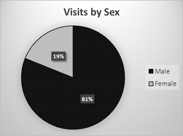 Sex 76 visits were from females, 326 from males. Demographics Miscellany Thirty-eight (38) inmates (9.