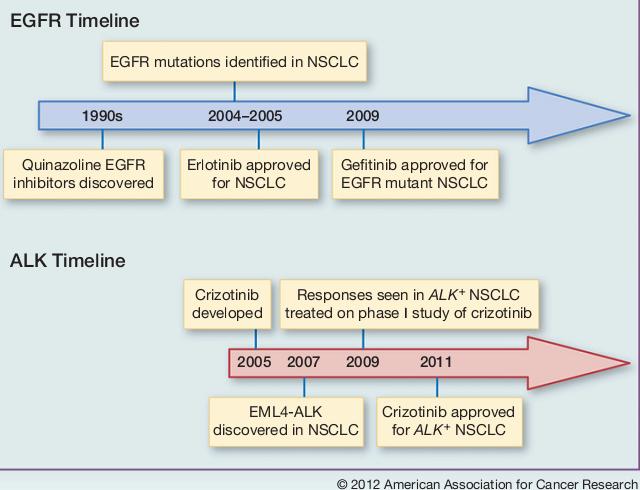 Timeline for approval of kinase inhibitors for molecular subsets of NSCLC.