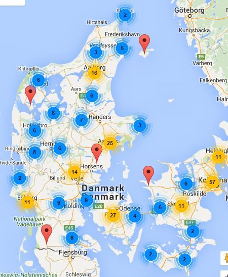 3. About GLA:D 13 Figure 2. GLA:D units in Denmark at 31 st December 2015. The numbers in the blue and yellow circles indicate the number of units in that particular area.