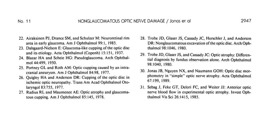 No. 11 NONGLAUCOMATOUS OPTIC NERVE DAMAGE / Jonas er al 2947 22. Airaksinen PJ, Drance SM, and Schulzer M: Neuroretinal rim area in early glaucoma. Am J Ophthalmol 99:1, 1985. 23.