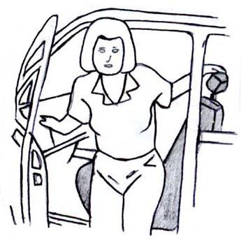 Before sitting down, put your left hand on the top of the passenger seat for support and with the door window fully wound down, grip the open door window frame with