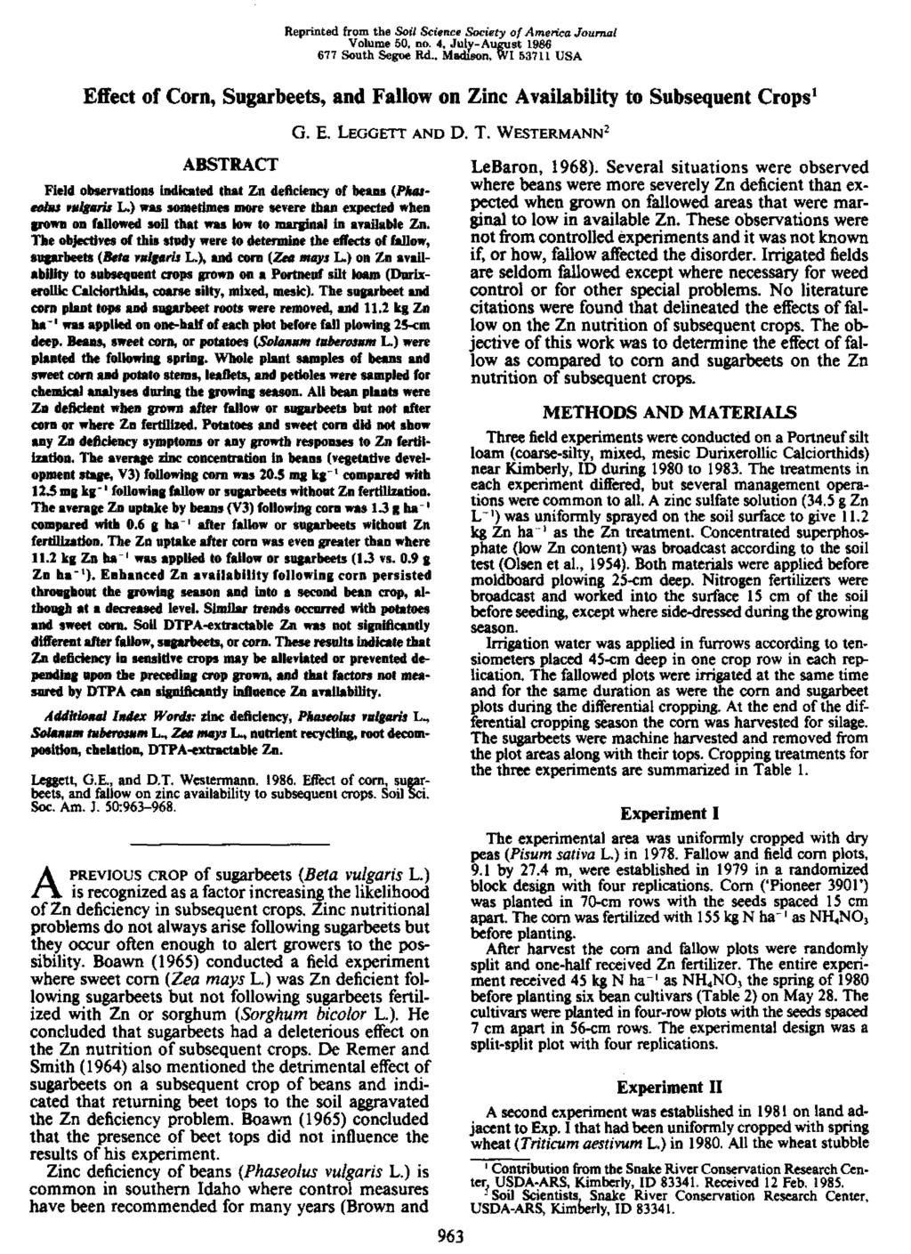 Reprinted from the Soil Science Society of America Journal Volume 50, no. 4, duly-august 1986 677 South Segue Rd.
