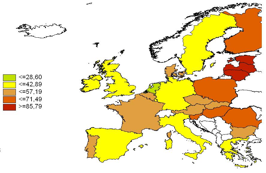 Fig. 3 shows the differences in the 27 EU countries, which further highlights the intercountry differences. Fig.